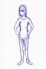 girl in sportswear hand drawn by blue ink