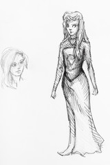 sketch of girl in elf cosplay suit and his head