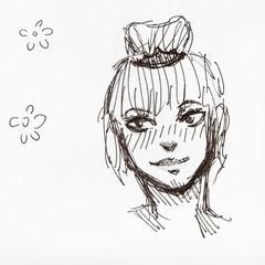 sketch of teen head with bun hairstyle by ink