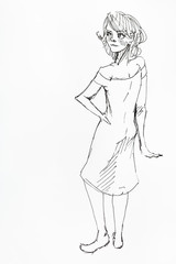 sketch of waiting woman hand drawn by black ink