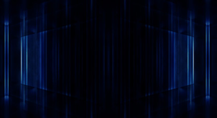 Concept of dark night tunnel, room and blue neon light. Abstract tunnel, stairs up, dark background with blue light rays. 3D illustration