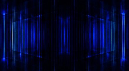 Concept of dark night tunnel, room and blue neon light. Abstract tunnel, stairs up, dark background with blue light rays. 3D illustration