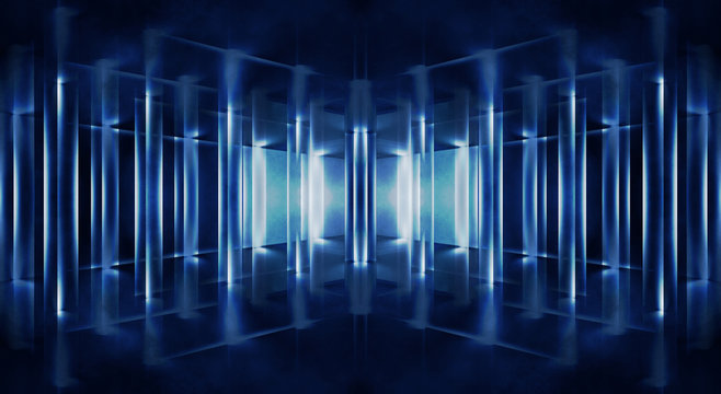 Concept of dark night tunnel, room and blue neon light. Abstract tunnel, stairs up, dark background with blue light rays. 3D illustration © MiaStendal