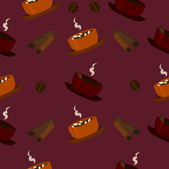 Pattern of coffee, cinnamon, marshmallows on a burgundy background. Design of a coffee shop, cafe, menu, banner.
