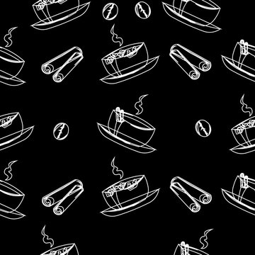 Pattern coffee, cinnamon, marshmallows. White silhouettes on a black background. Design of a coffee shop, cafe, menu, banner.