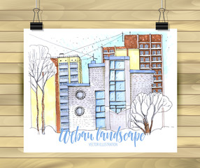 Hand drawn City Sketch for your design,Drawn in color ink or markers on white background