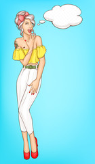 Full length portrait of surprised and amazed young woman looking with interest on something, covering opened mouth with hand pop art vector illustration. Sale, discount campaign announcement poster