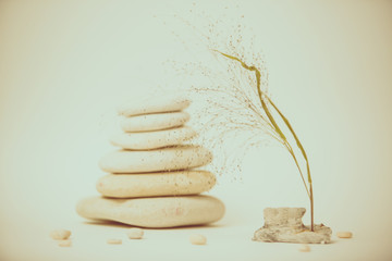 Spa still life with stacked of stone with a beautiful branch
