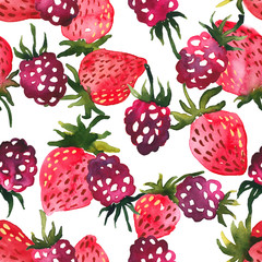 Watercolor seamless pattern with strawberries and raspberries