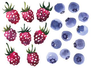 Watercolor clip art set of raspberries and blueberries