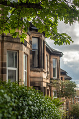 Fototapeta na wymiar Terraced Houses in a Treelined Residential Street In Glasgow Scotland