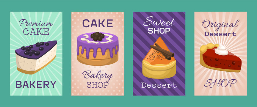 Baking shop menu cards vector illustration. Chocolate and fruity desserts for sweet cake shop with cupcakes, bakery cakes, berry pudding, biscuits, whipped cream, beries glaze