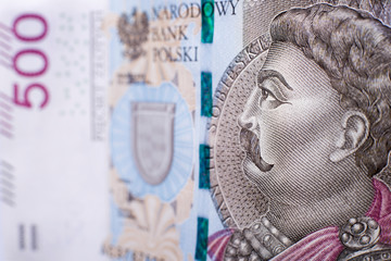 Five hundred polish zloty banknote crop – Jan III Sobieski portait. Macro shot. Shallow depth of field. SDF.