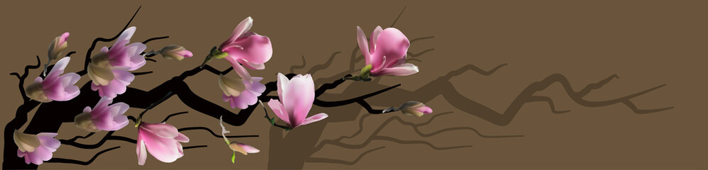 Panele Szklane  różowa kwitnąca gałąź magnolii na brązie