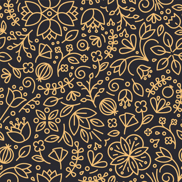 Floral seamless pattern with blooming wildflowers and berries drawn with contour lines on black background