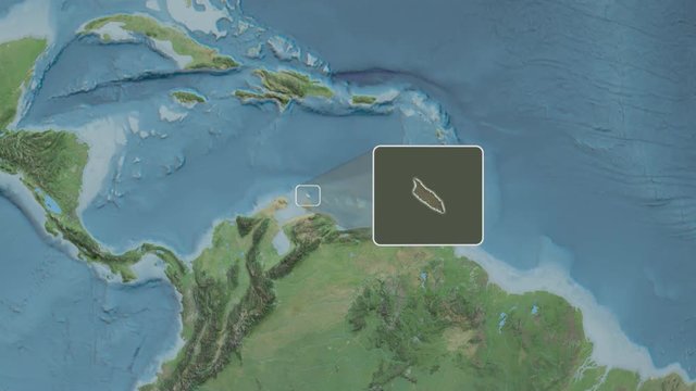 Aruba area bounds outlined on the end cap of rectangular tube and animated against the spinning satellite globe. Animation 3D