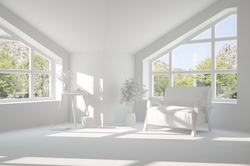 Fototapeta premium Mock up of stylish room in white color with armchair. Scandinavian interior design. 3D illustration