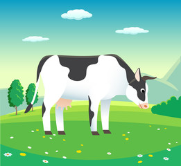Rural landscape with cow in meadow, vector - background illustration for dairy products