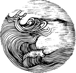 Black white illustration of sea waves and sky in hatching style. Tattoo idea.