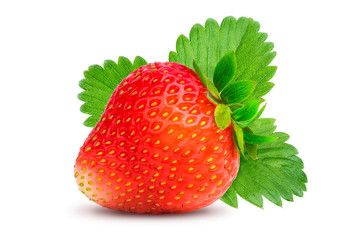 ripe strawberry with green leaves