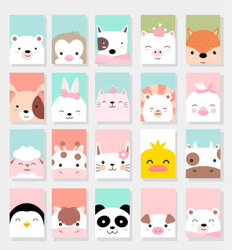 set cute baby animals with card for printing,greeting card,badge,happy birthday, t shirt,banner,product.vector illustration