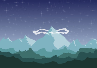 Mountains with blue stars sky with cloud background vector illüstration