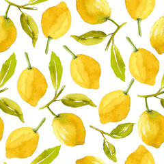 Tropical pattern with watercolor lemons on branch with green foliage. Seamless summer wallpaper with lemon fruits