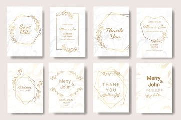 Set of Wedding invitation Card,save the date thank you card with floral   and leaves, border and frame on marble background for printing, badge.vector illustration