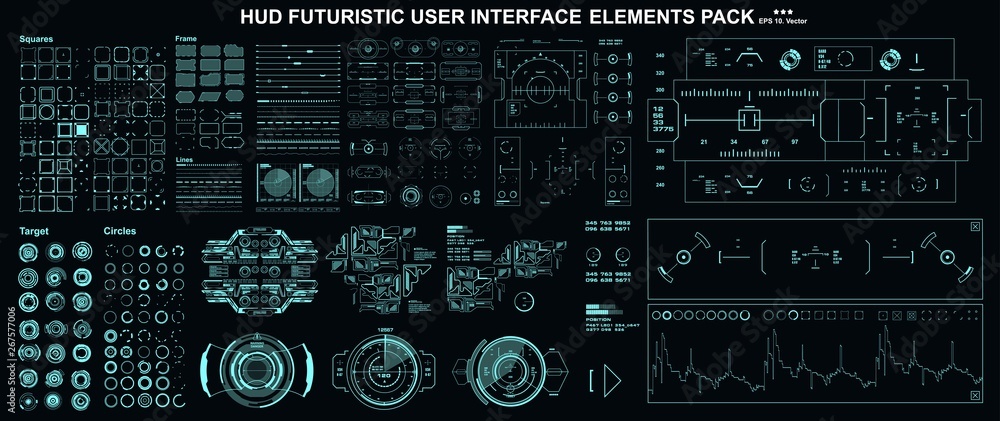 Poster HUD elements mega set pack. Dashboard display virtual reality technology screen. Futuristic user interface.