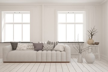 Fototapeta premium Stylish room in white color with sofa. Scandinavian interior design. 3D illustration