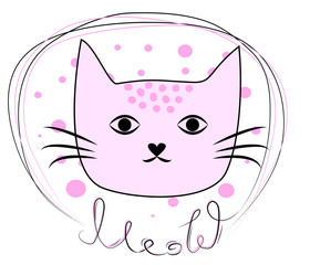 funny cat girl face in a flower chain, with text Meow. Isolated objects