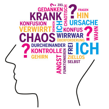 Kopf mit Wortwolke Chaos bunt