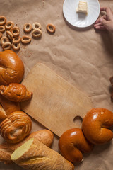 Food concept. Different type breads. Top view. Free space for text