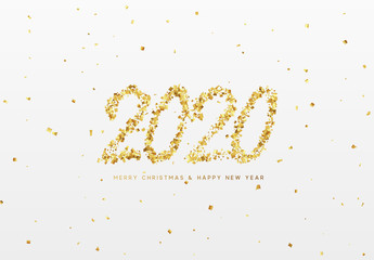 2020 New Year. Text of shiny golden confetti, tinsel sparkles with bright serpentine.