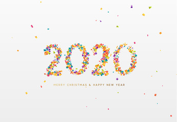 2020 New Year. Text of shiny colorful confetti, tinsel sparkles with bright serpentine.