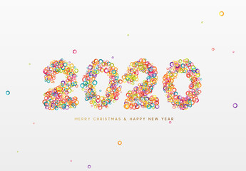 2020 New Year. Text of shiny colorful confetti, tinsel sparkles with bright serpentine.