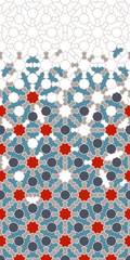 Arabesque vector seamless pattern. Geometric halftone texture with color tile disintegration or breaking