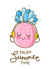 Cute pineapple character listening to music on headphones - summer greeting card