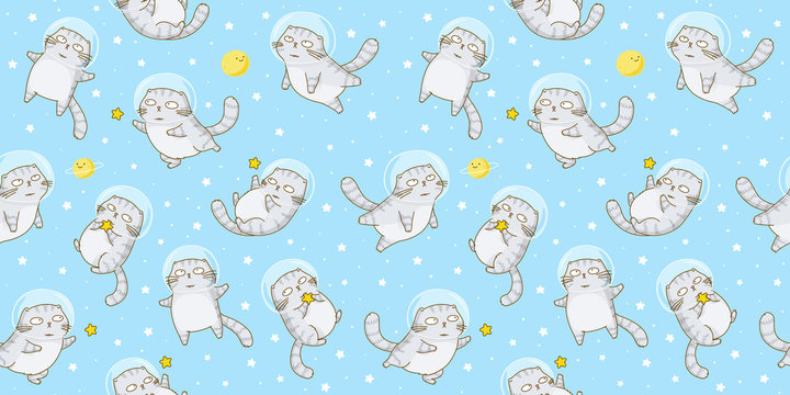 Seamless pattern with cute scottish fold cats astronauts on starry space background