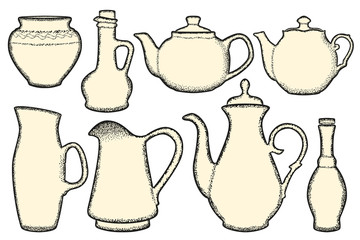 Set of kitchen vessels. Teapot, coffee pot, bottles, beverage containers.