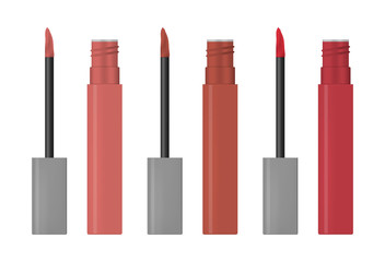 Lip gloss isolated on white background, vector illustration. Liquid lipstick make-up color palette. Makeup product package