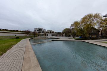 Edinburgh, Scotland - April 11 2017: Overcast skies at the Scottish Parliament in Holyrood, Edinburgh