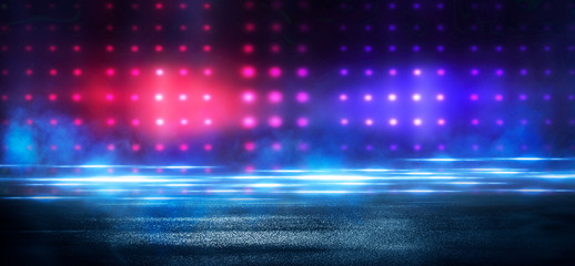 Wet asphalt, reflection of neon lights, a searchlight, smoke. Abstract light in a dark empty street with smoke, smog. Dark background scene of empty street, night view, night city.