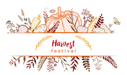 Harvest festival. Frame with vegetables. Pumpkin, carrots, potatoes, beets, leaves, twigs, flowers.