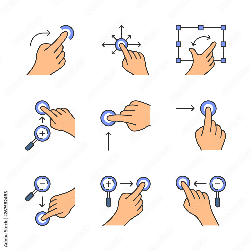 Poster touchscreen gestures color icons set