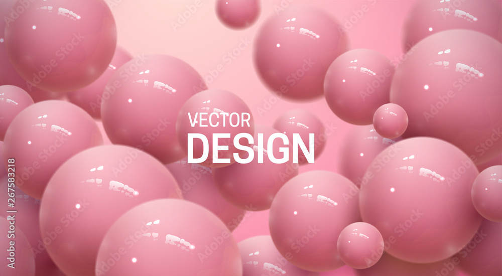 Poster abstract background with dynamic 3d spheres. plastic soft pink bubbles. vector illustration of gloss