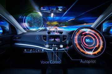 Obraz na płótnie Canvas Car interior with Self driving , Auto pilot and internet of thin futuristic icon illustration . Autonomous car system technology concept .