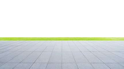 Empty concrete marble floor with perspective line and green grass isolated on white background...