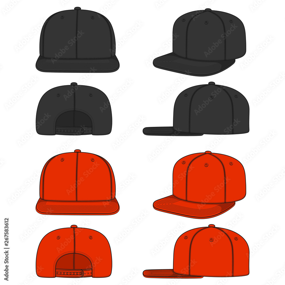 Poster set of color images of a rapper cap with a flat visor, snapback. isolated vector objects on white ba