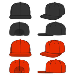 Set of color images of a rapper cap with a flat visor, snapback. Isolated vector objects on white background.